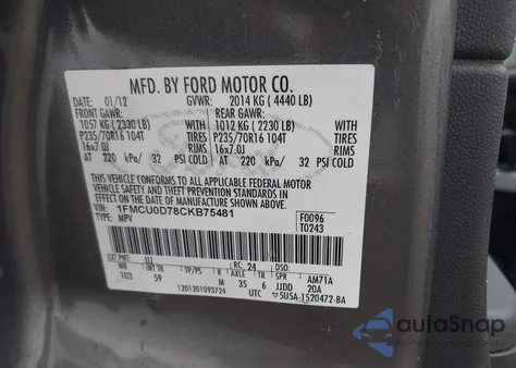 2012 Ford Escape Xlt from USA, damaged, VIN 1FMCU0D78CKB75481